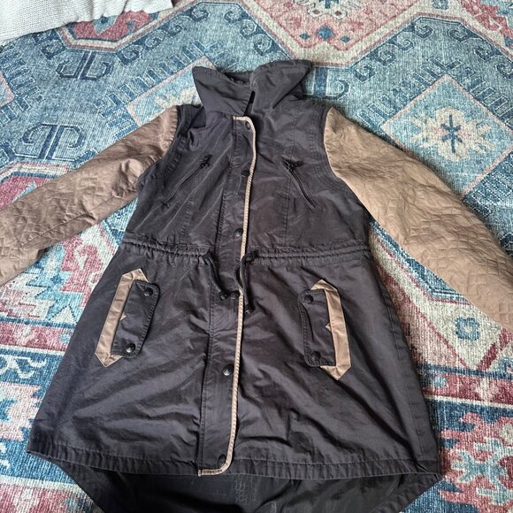 Sam Edelman Quilted Sleeve Hooded Parka Jacket Womens M Hybrid Long Drawstring - Picture 2 of 16